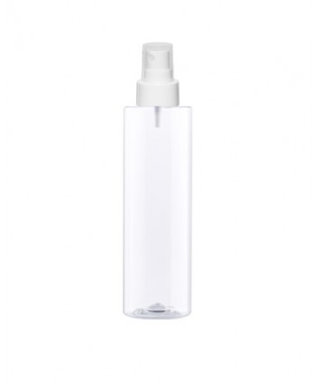 Flacon 200 ml RPET (PET100% reciclat) transparent, cu pompa sau pulverizator alb/negru/auriu